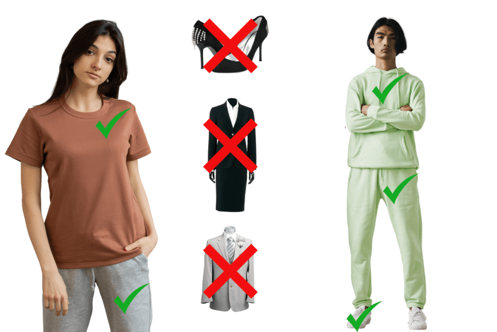 how to dress for your first driving lesson in the UK man and woman wearing loose clothing with green checkmarks and then high heels and tight clothes with red X