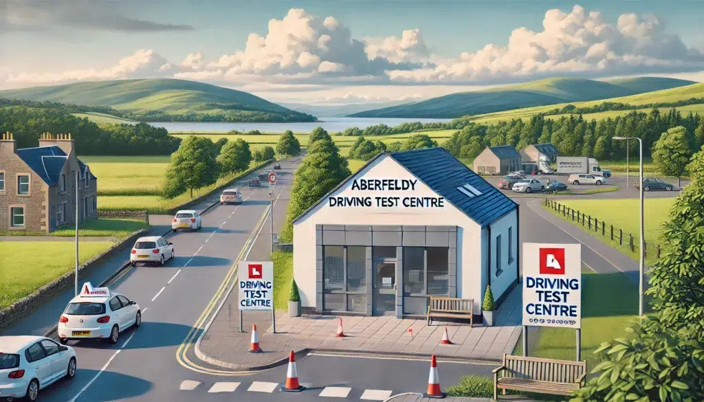 Aberfeldy driving test centre with driving cones and a lake in the background