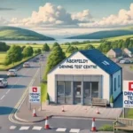 Aberfeldy driving test centre with driving cones and a lake in the background